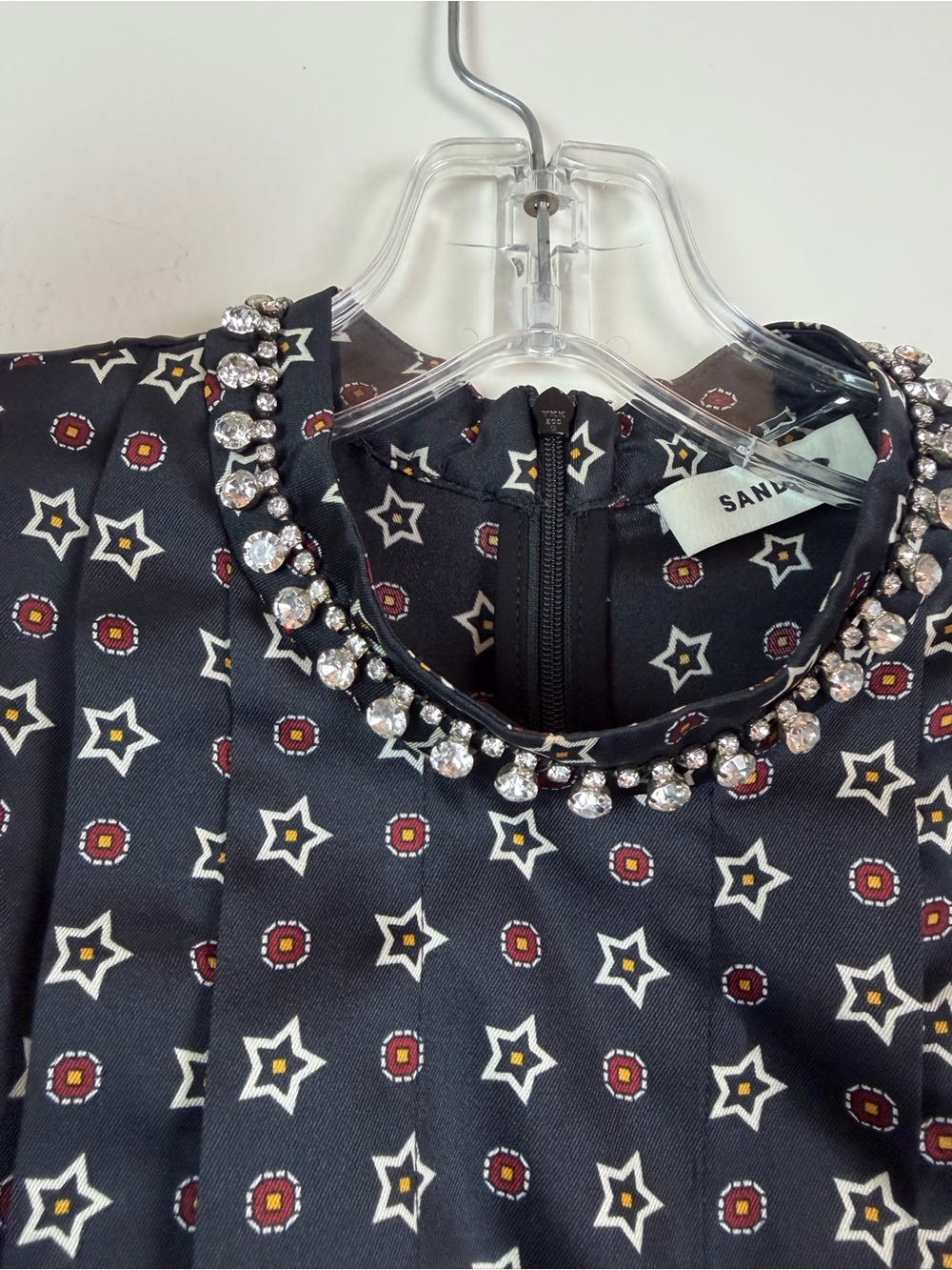 Sandro Short Star-Print Satin Dress with Rhinestone Neckline Size 36 US 4 - Picture 6 of 16
